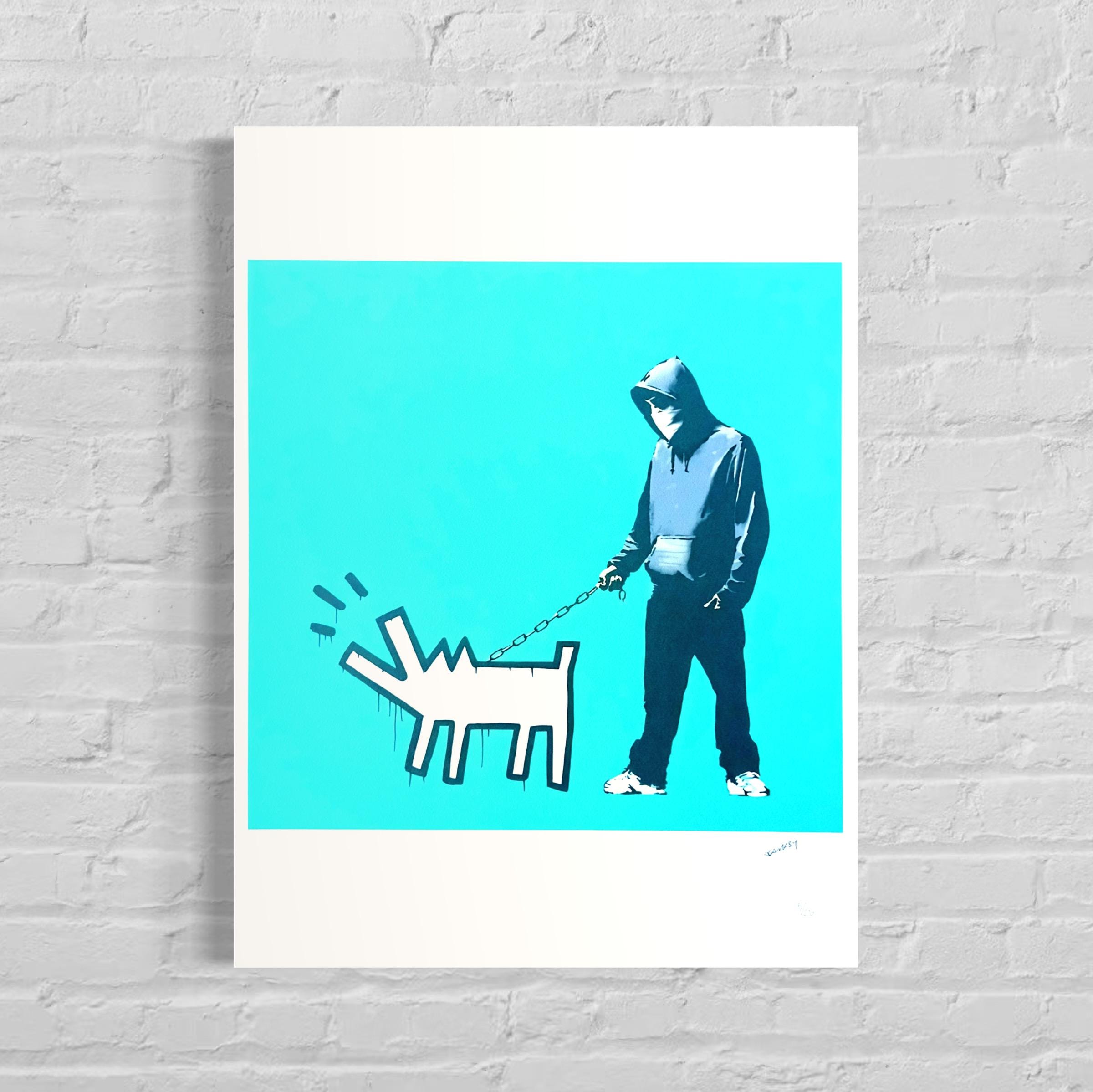 Genummerde editie BANKSY Barking dog (turquoise) Gesigneerd - certificaat - Wall Art, Grafitti Art, Lithograph, Stencil Art